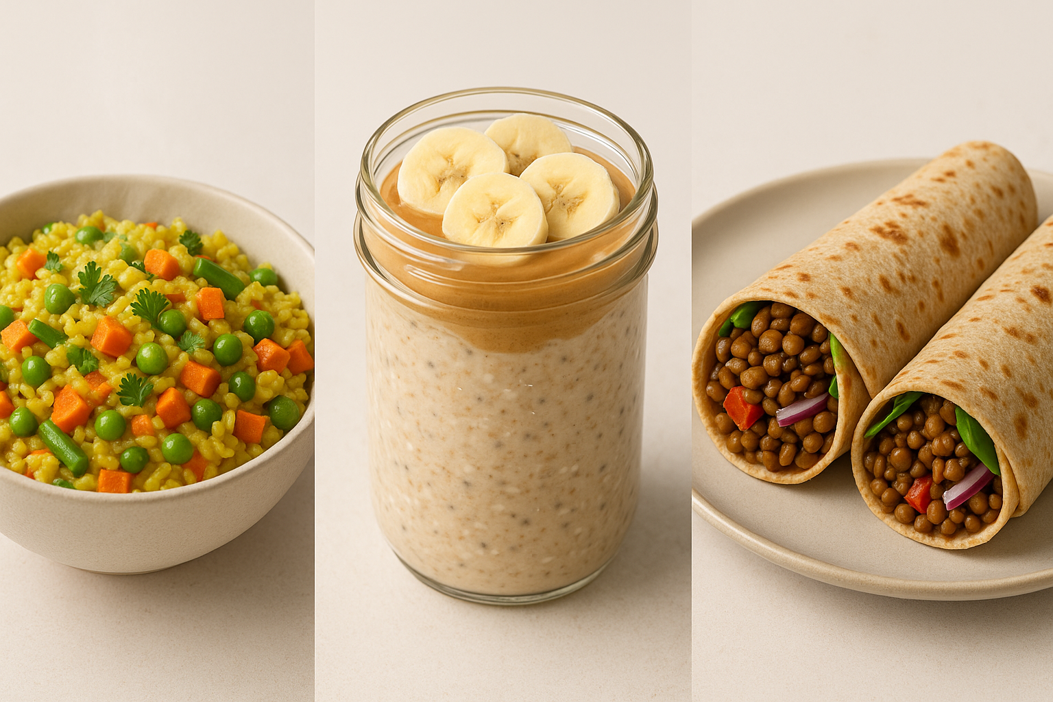 Three delicious and affordable home-cooked meals: veggie khichdi, peanut butter overnight oats, and smoky lentil wraps.