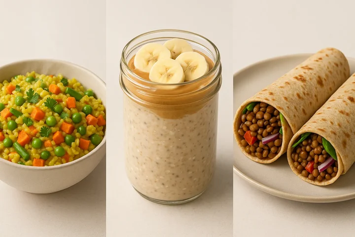 Three delicious and affordable home-cooked meals: veggie khichdi, peanut butter overnight oats, and smoky lentil wraps.