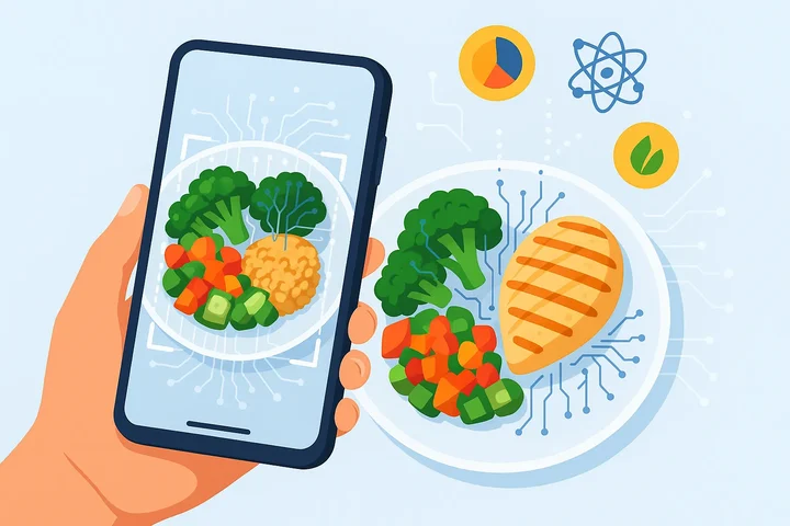 AI फूड ट्रैकिंग प्रक्रिया का साफ चित्रण, जिसमें स्मार्टफोन एक हेल्दी मील स्कैन कर रहा है, साथ में डिजिटल प्रोसेसिंग और पोषण आइकन