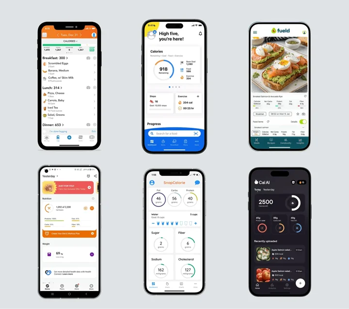सभी 7 टॉप मुफ्त AI कैलोरी ट्रैकिंग apps का पूरा नजारा, उनके अलग इंटरफेस और फीचर्स के साथ
