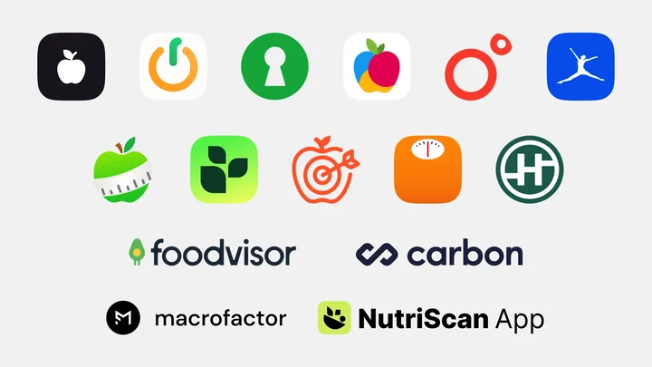 इस गाइड में तुलना की गई मुफ्त AI कैलोरी काउंटर Apps के लोगो, जिनमें SnapCalorie, NutriScan, Cal AI और MyFitnessPal शामिल हैं