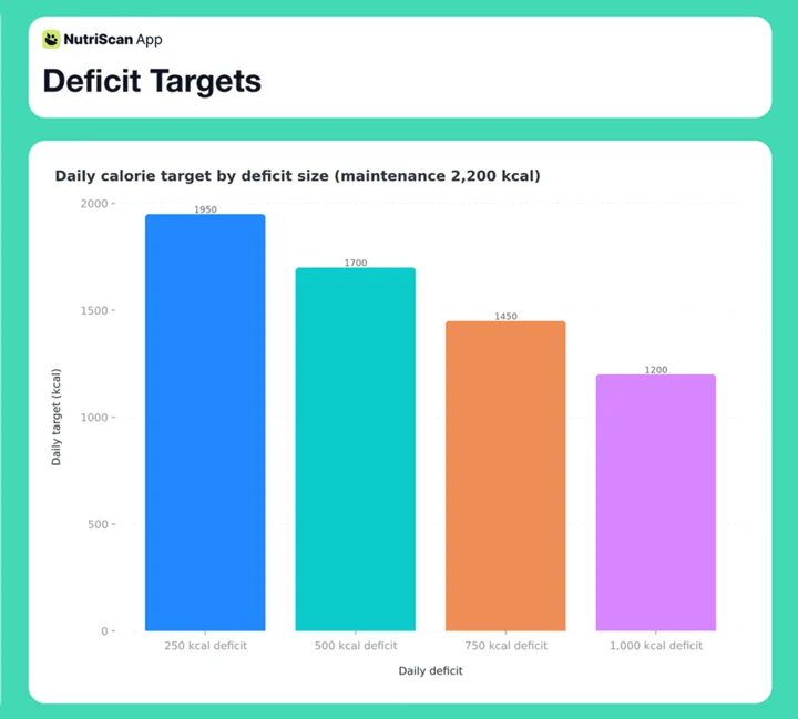 Column chart of daily calorie targets from a 2,200 calorie maintenance: 1,950 at a 250 calorie deficit, 1,700 at 500, 1,450 at 750 and 1,200 at 1,000
