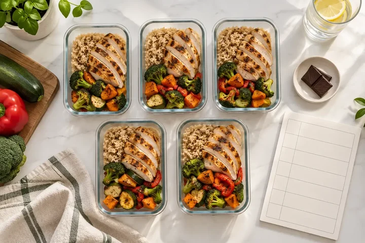 Five glass meal prep containers with grilled chicken, brown rice and roasted vegetables beside a small piece of dark chocolate and a blank weekly planner
