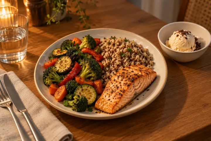 Dinner plate with roasted vegetables, salmon and quinoa beside a small bowl of ice cream as a planned treat