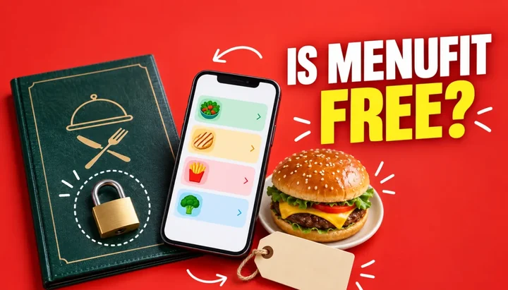 Is MenuFit free headline beside a locked restaurant menu, a phone meal list, a burger and a blank price tag, illustrating MenuFit subscription pricing