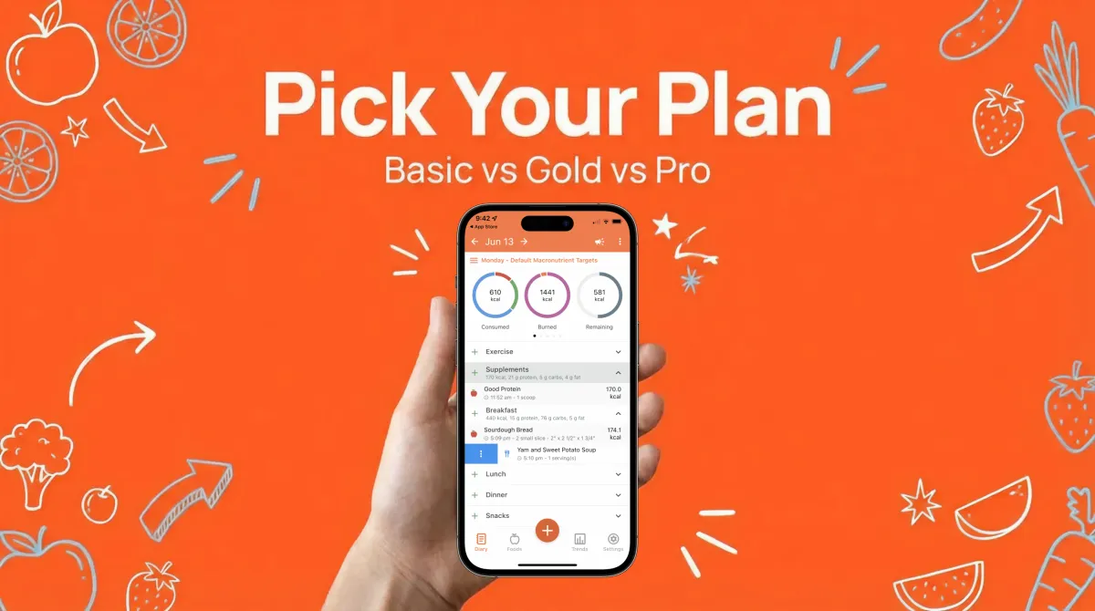 Person using nutrition tracking app with healthy foods on table