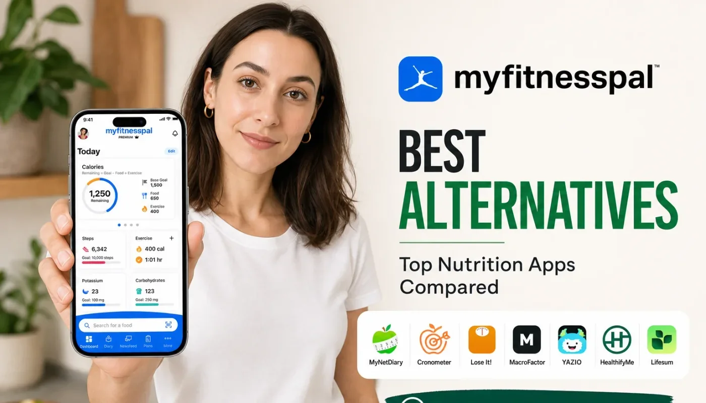 Smartphone with a nutrition tracking app next to a healthy meal bowl, representing the search for the best MyFitnessPal alternative in 2026