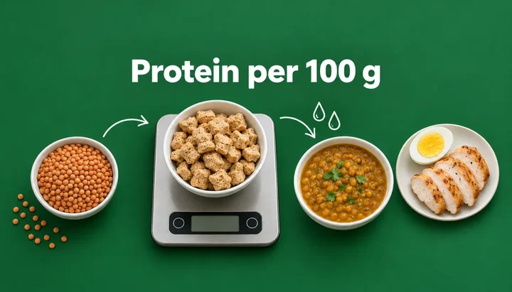 Protein per 100 g headline above a kitchen scale holding a bowl of dry soya chunks, with dry red lentils on the left and cooked dal, a boiled egg half and sliced chicken breast on the right