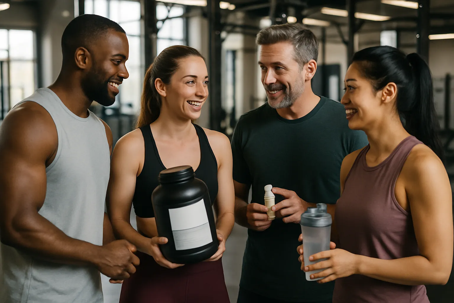 People discussing supplements at gym, showing real-world fitness community interactions