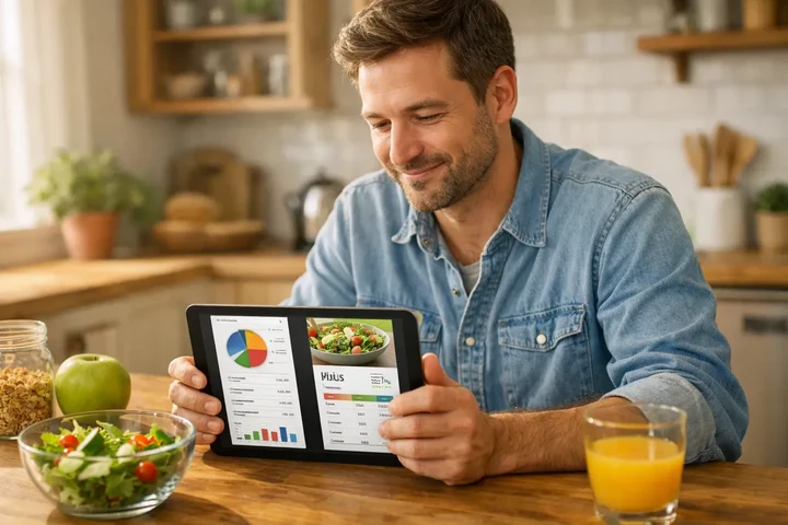 Person vergleicht Ernährungs-Apps auf dem Tablet in der Küche