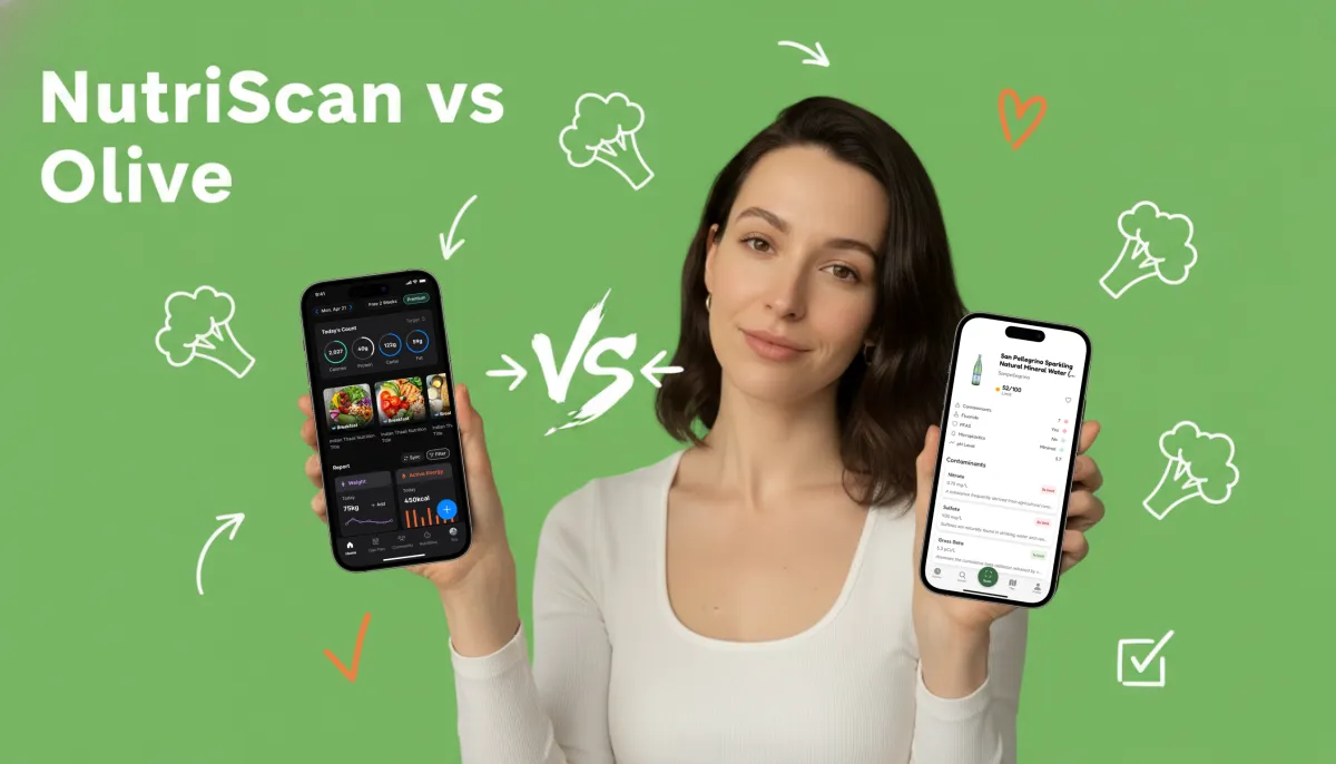 NutriScan vs Olive app comparison showing AI meal scanning versus barcode toxin detection for nutrition tracking