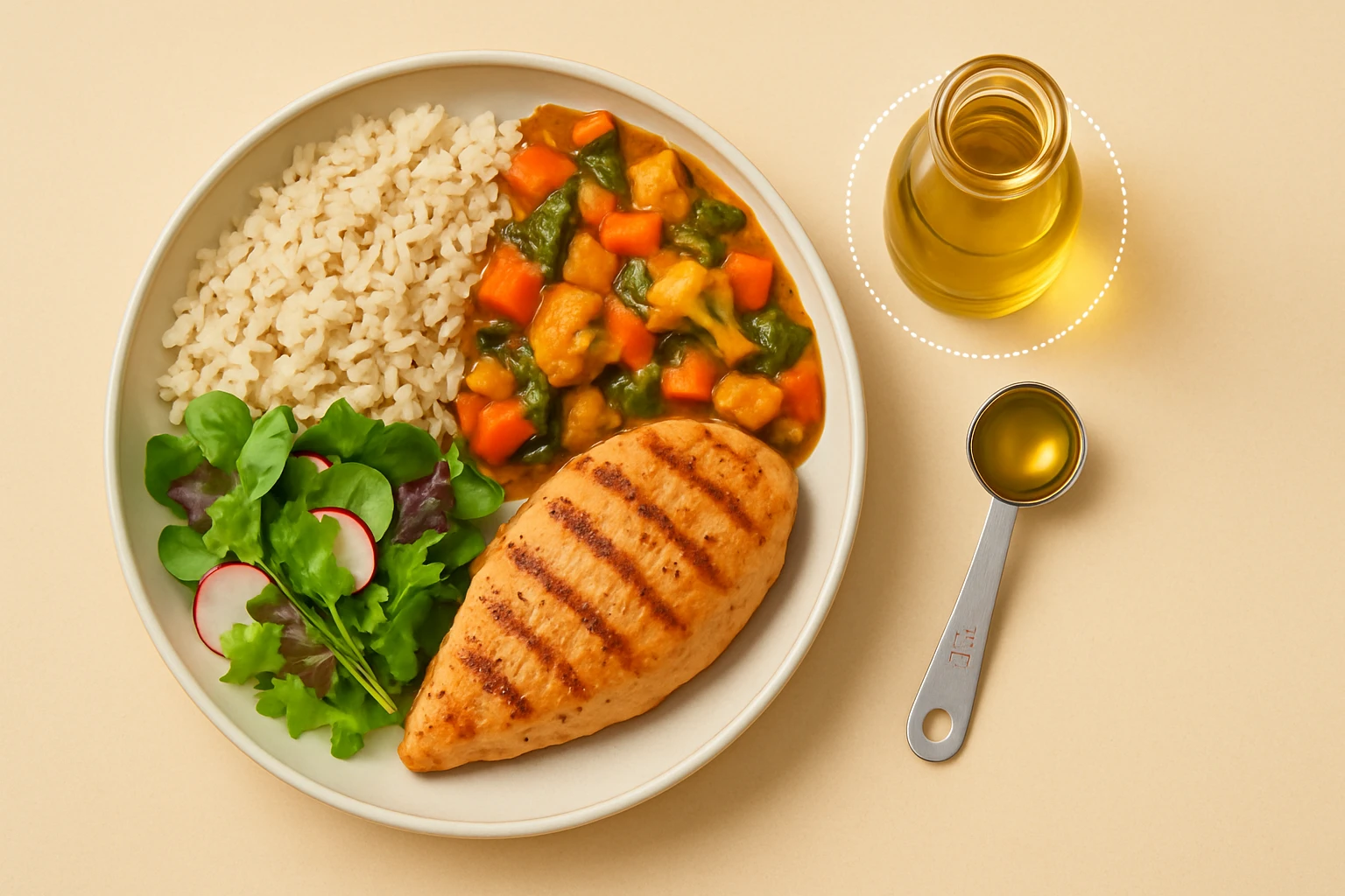 Top down view of a real cooked meal with rice, vegetable curry, grilled chicken and salad, next to a highlighted bottle of cooking oil and a measuring spoon