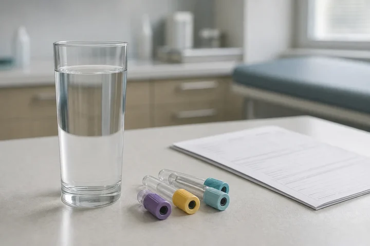 Glass of plain water on a clinic table beside empty blood collection tubes and a lab request form