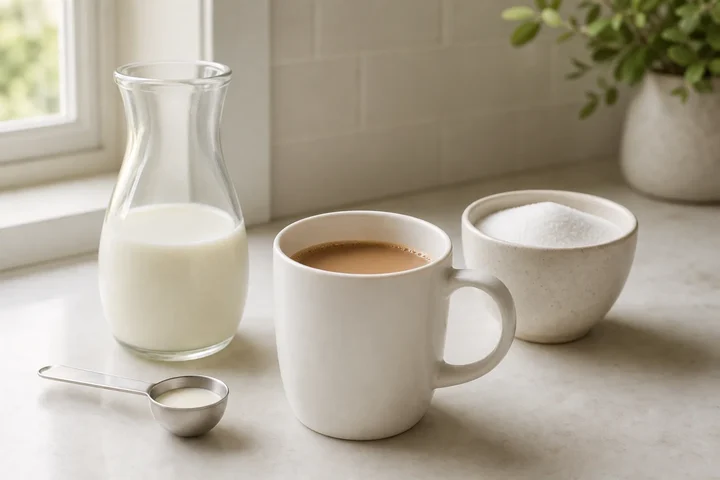 Mug of coffee on a kitchen counter beside a measuring tablespoon of cream, a jug of milk and a bowl of sugar
