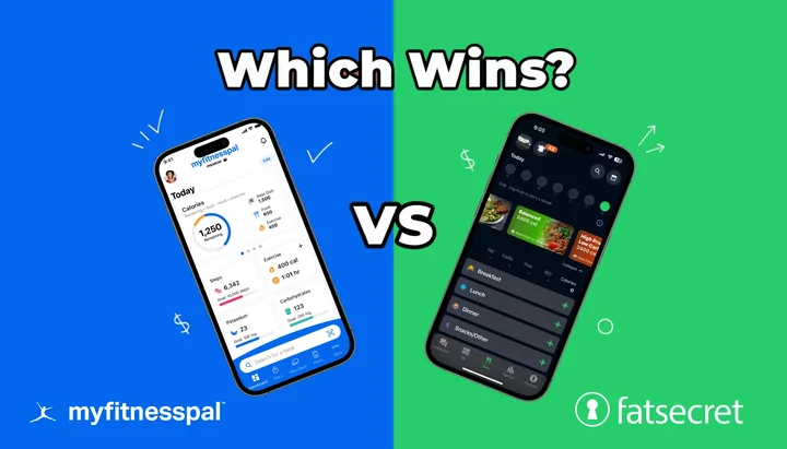 MyFitnessPal vs FatSecret 2026 calorie tracker comparison shown on two phones with healthy food on a desk