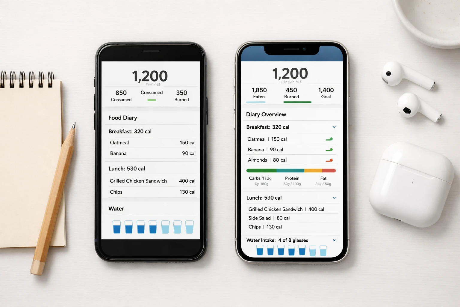 Two smartphones side by side comparing free and premium calorie tracking app plans
