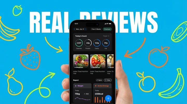 Person reviewing nutrition data on smartphone at breakfast table with healthy food