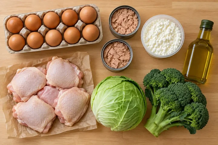 Eggs, canned tuna, raw chicken thighs, a green cabbage, broccoli, cottage cheese and olive oil laid out on a light wooden counter