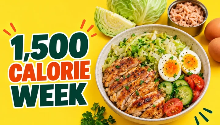 Bowl of sliced chicken thigh, soft-boiled egg, cabbage slaw and tomato on a yellow background beside the words 1,500 Calorie Week