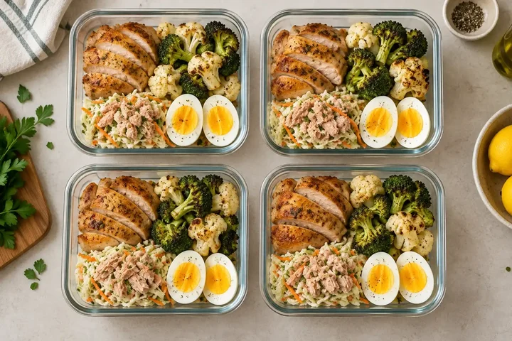 Four glass containers with sliced roasted chicken, roasted broccoli and cauliflower, tuna cabbage slaw and halved boiled eggs