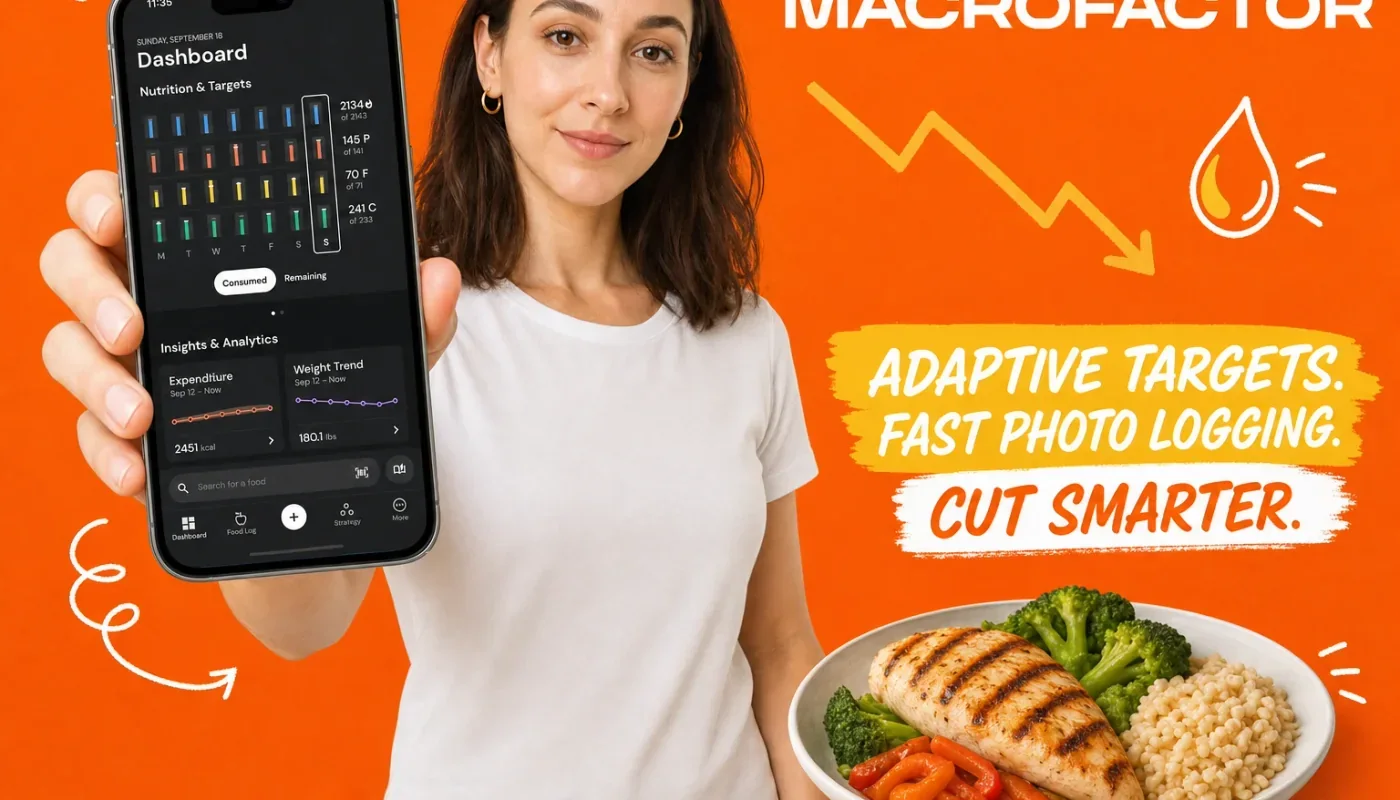 Lean high-protein cutting meal of grilled chicken, broccoli, and rice on a digital kitchen scale beside a phone tracking macros