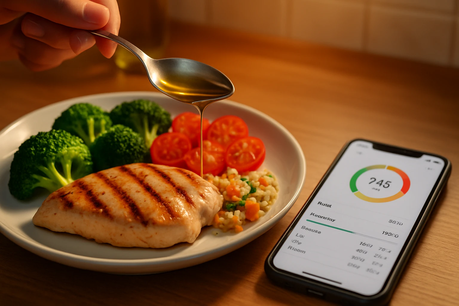 Real oil being drizzled over a healthy plate next to a phone, showing how hidden cooking-fat calories add up on a cut