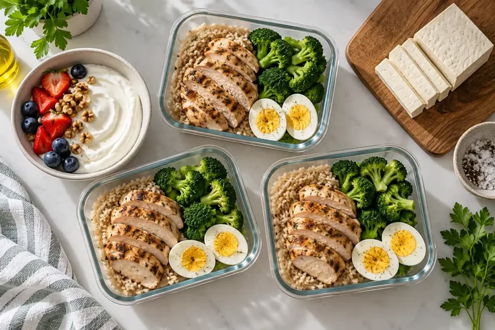 Three glass meal prep containers with sliced chicken, brown rice, broccoli and boiled eggs next to a yogurt bowl with berries and a block of tofu
