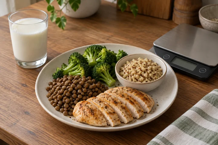 A plate with sliced chicken, lentils and broccoli beside a bowl of quinoa, a glass of milk and a kitchen scale