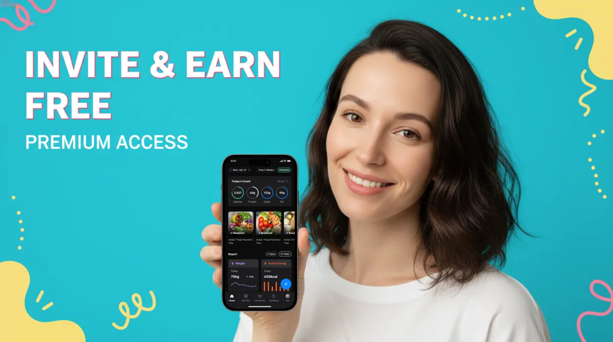 Two friends sharing a phone screen showing the NutriScan referral page in warm daylight