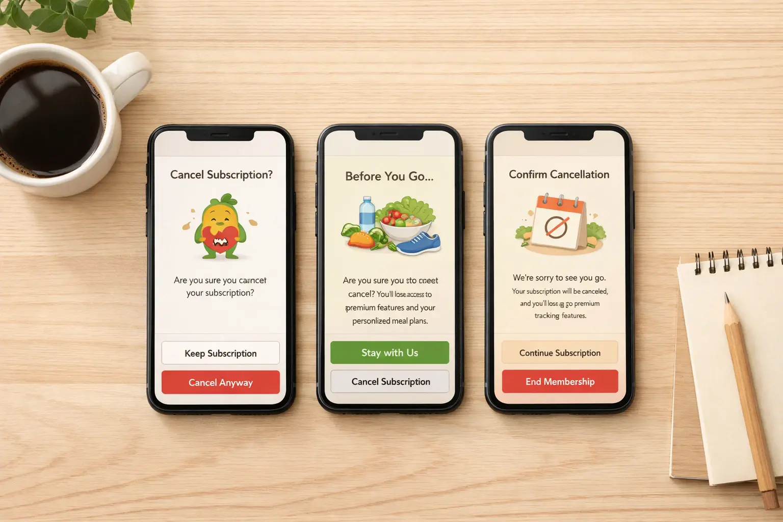 Drei Smartphones zeigen Bildschirme zur Kündigung von Abonnements für verschiedene Kalorien-Tracking-Apps
