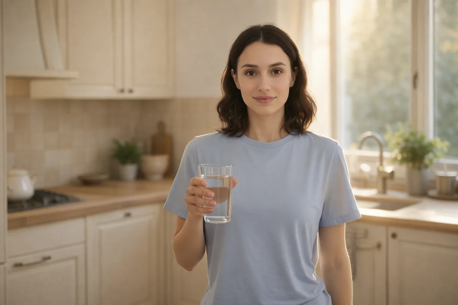 Person beim achtsamen Fasten mit einem Wasserglas, die die ruhige, aber herausfordernde Reise eines 36-Stunden-Wasserfastens zeigt