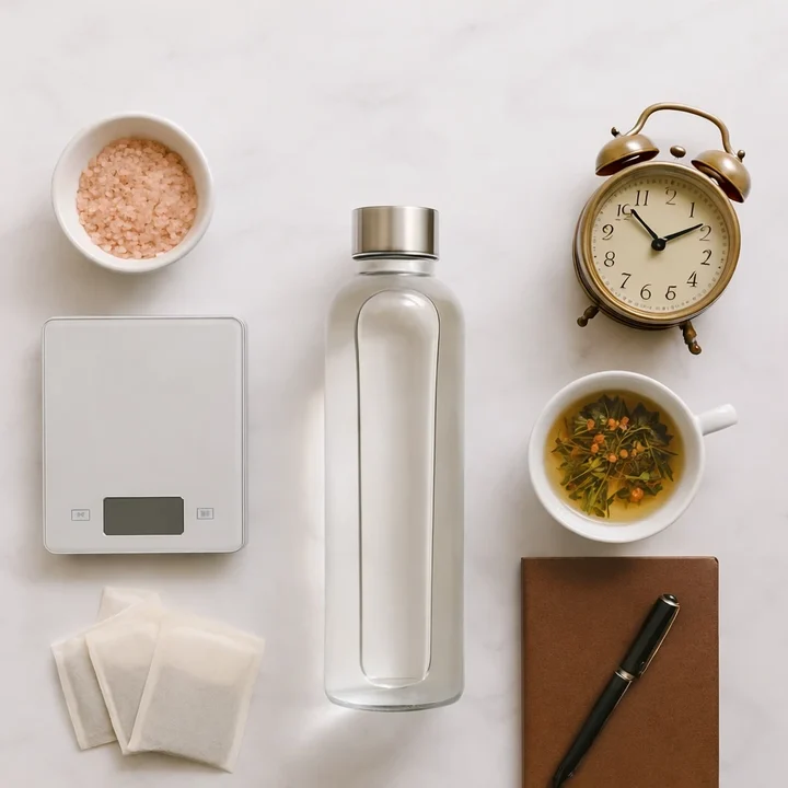 Fasten-Prep mit Wasserflasche, Salz, Waage und Journal