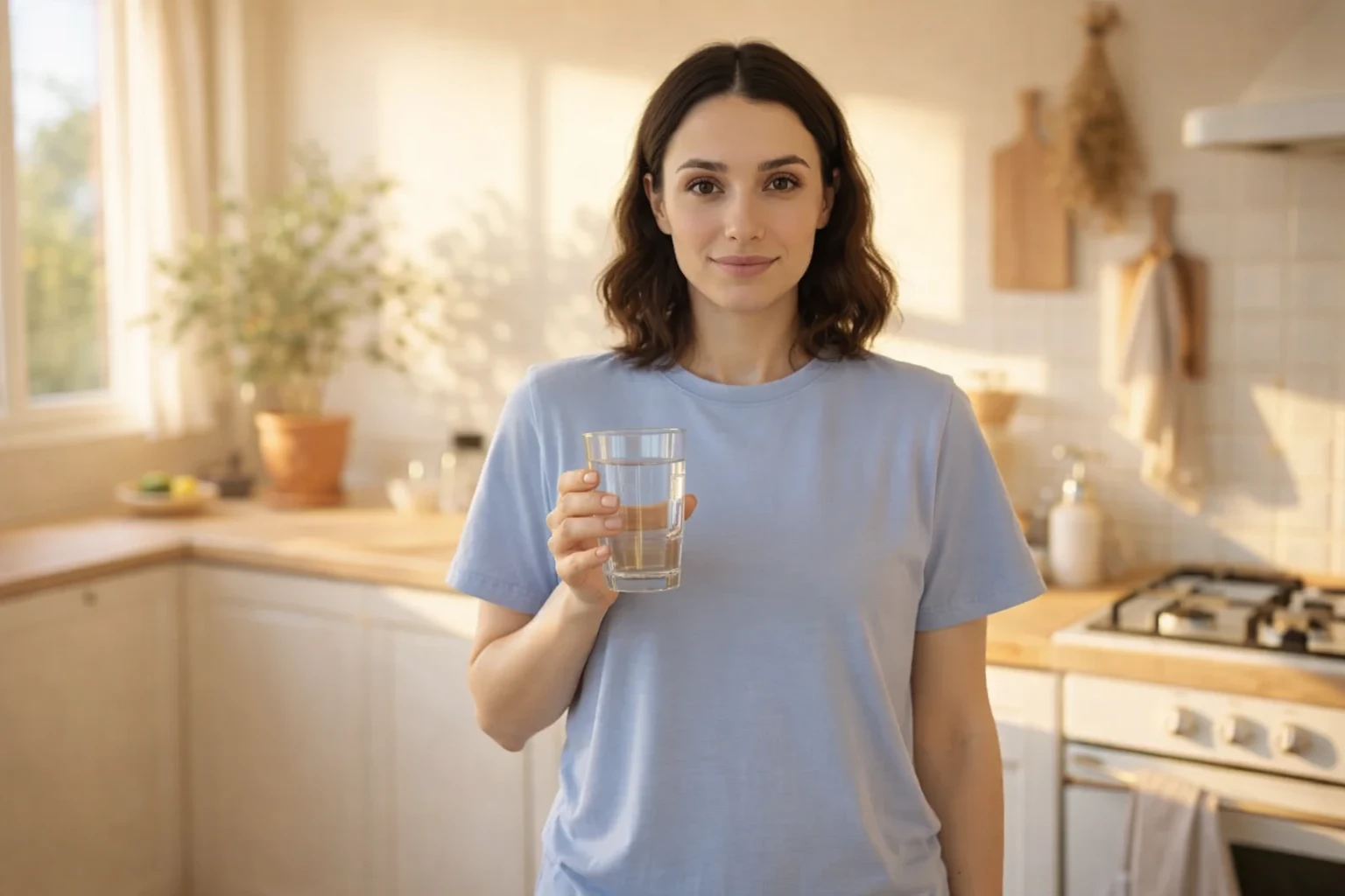 Persona practicando ayuno consciente con un vaso de agua, mostrando el viaje tranquilo pero desafiante de un ayuno de agua de 36 horas