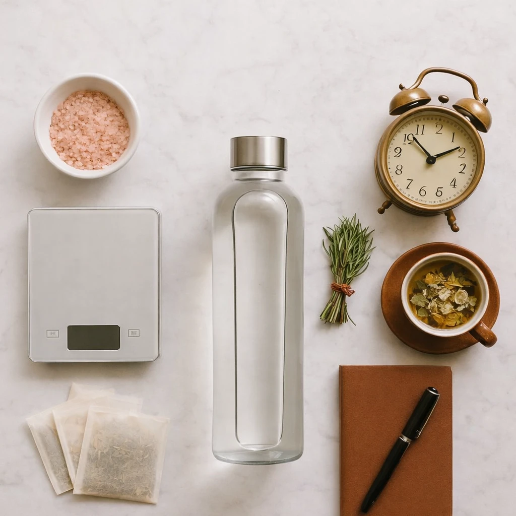 Elementos esenciales para preparar el ayuno, con botella de agua, sal, báscula y cuaderno