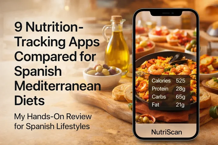 9 apps de seguimiento nutricional comparadas para dietas españolas, mostrando smartphone con plato de paella y overlay de nutrición