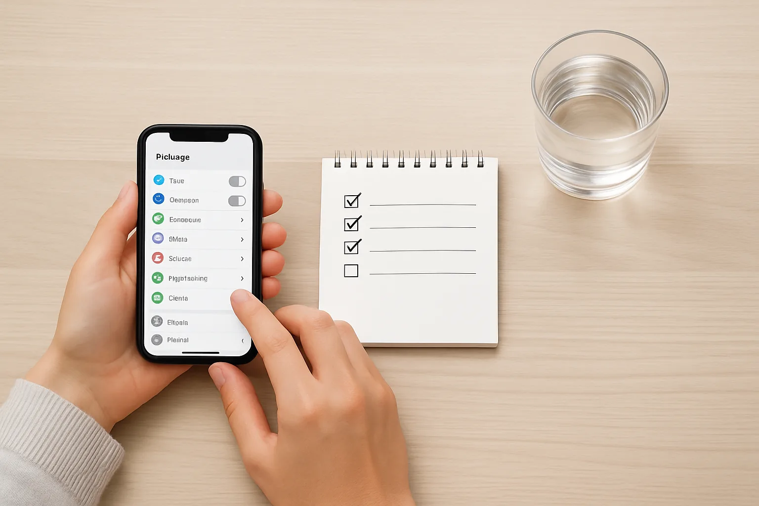 Personne tenant un smartphone avec les paramètres d’abonnement ouverts à côté d’un carnet et d’un verre d’eau