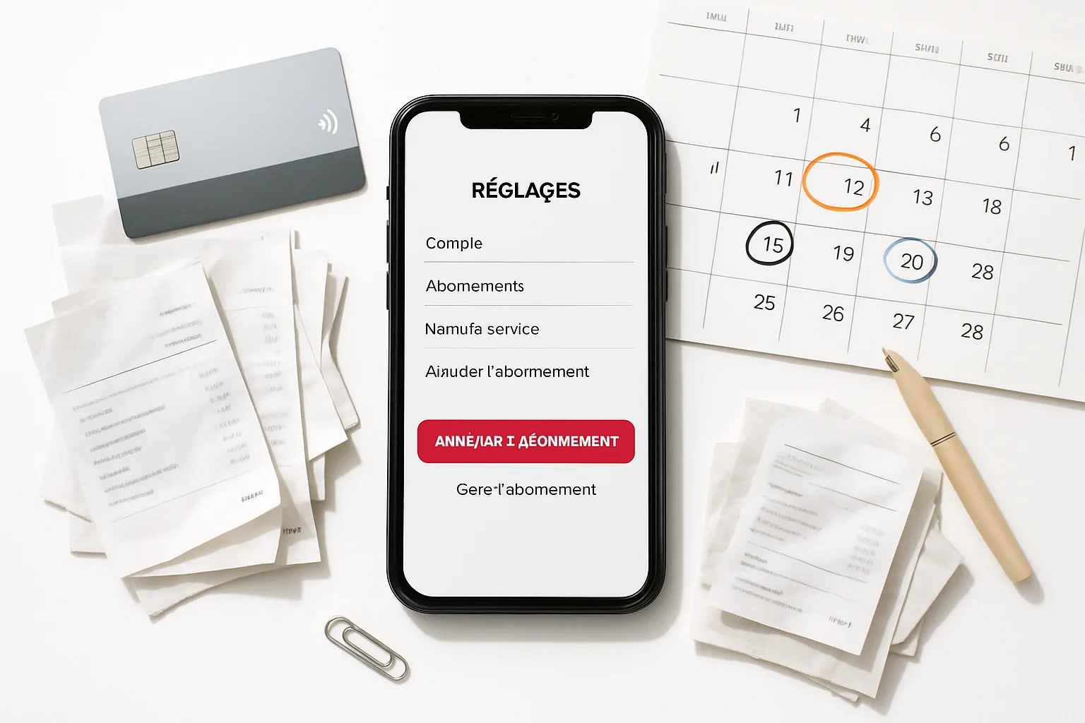 Flat lay of smartphone showing cancel subscription screen surrounded by receipts and a calendar
