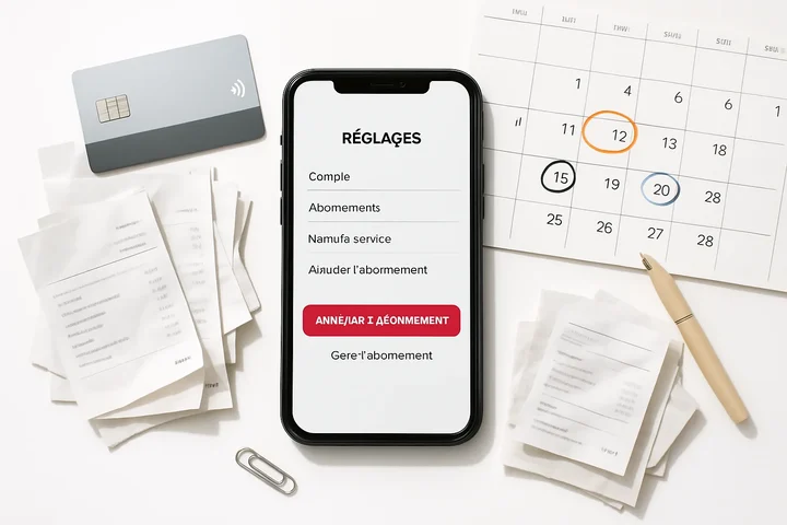 Flat lay of smartphone showing cancel subscription screen surrounded by receipts and a calendar