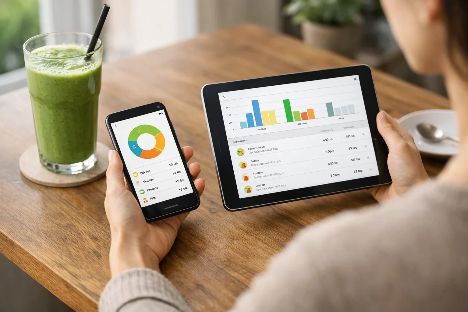 Personne en France cherchant des offres Lifesum sur son smartphone à côté d'un carnet de budget