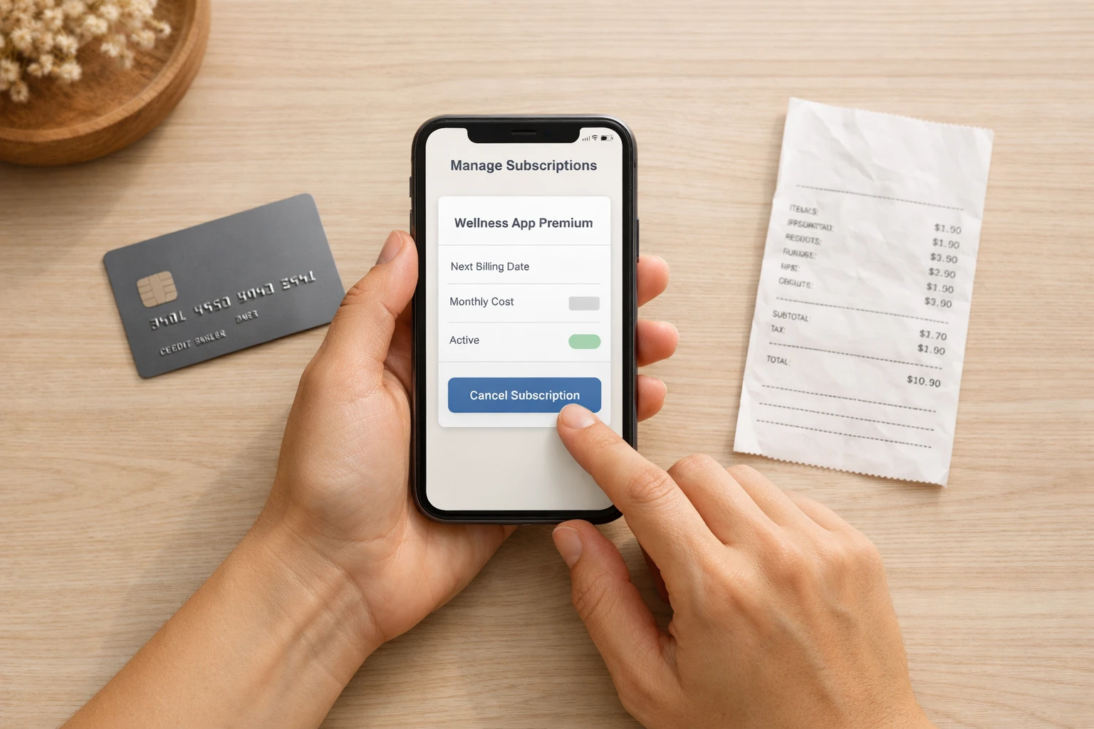 Personne avec téléphone, carte bancaire et reçu prête à lancer une demande de remboursement