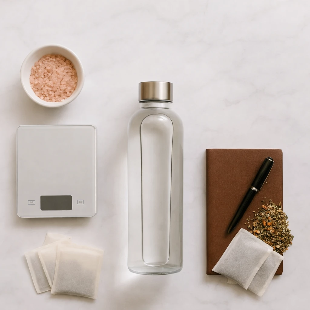 Essentiels de préparation : bouteille d'eau, sel, balance et journal