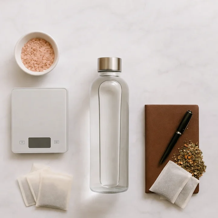 Essentiels de préparation au jeûne posés sur une table : bouteille d'eau, sel, balance et carnet