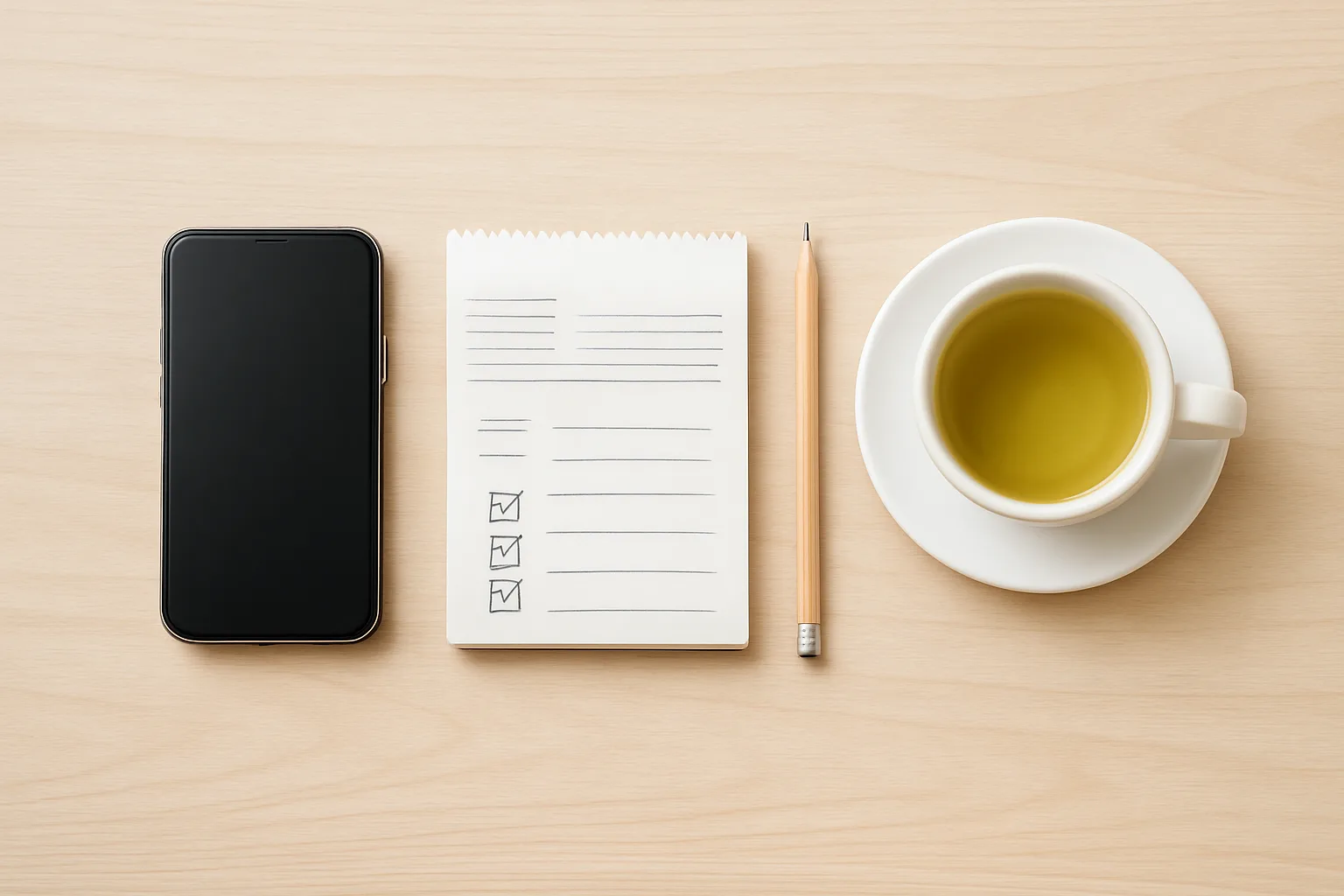 Smartphone next to a notepad with checklist and green tea on light wood desk