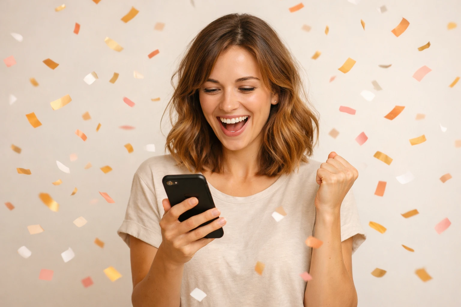 Personne qui regarde son téléphone avec joie après une notification de parrainage réussi