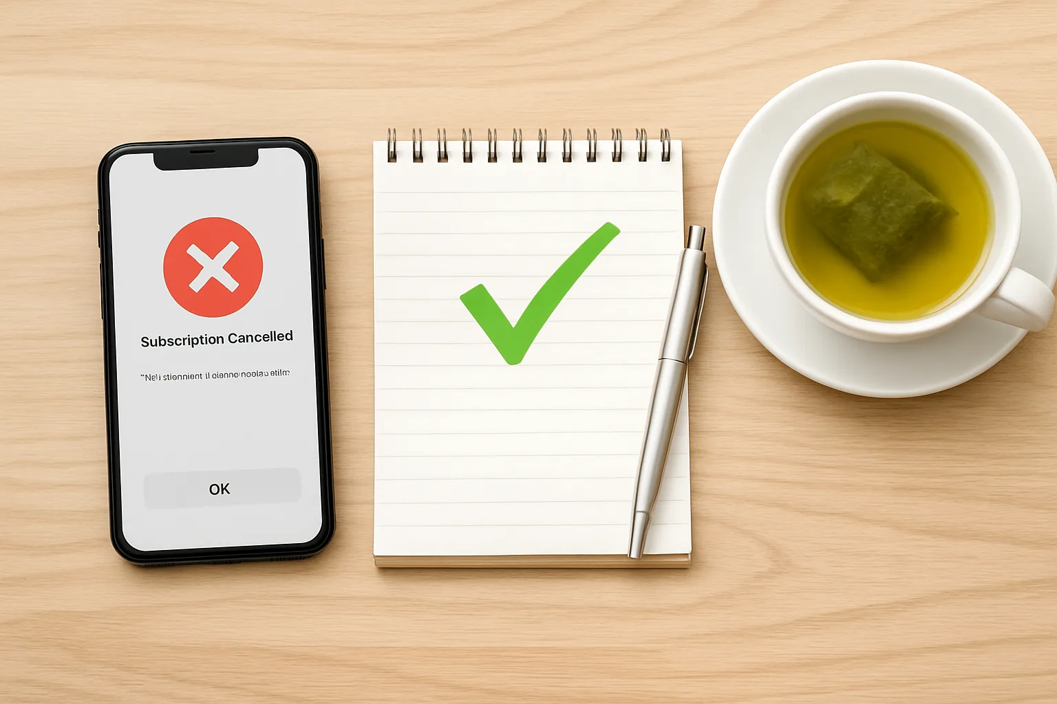 Smartphone à côté d’un carnet avec checklist et thé vert sur un bureau en bois clair