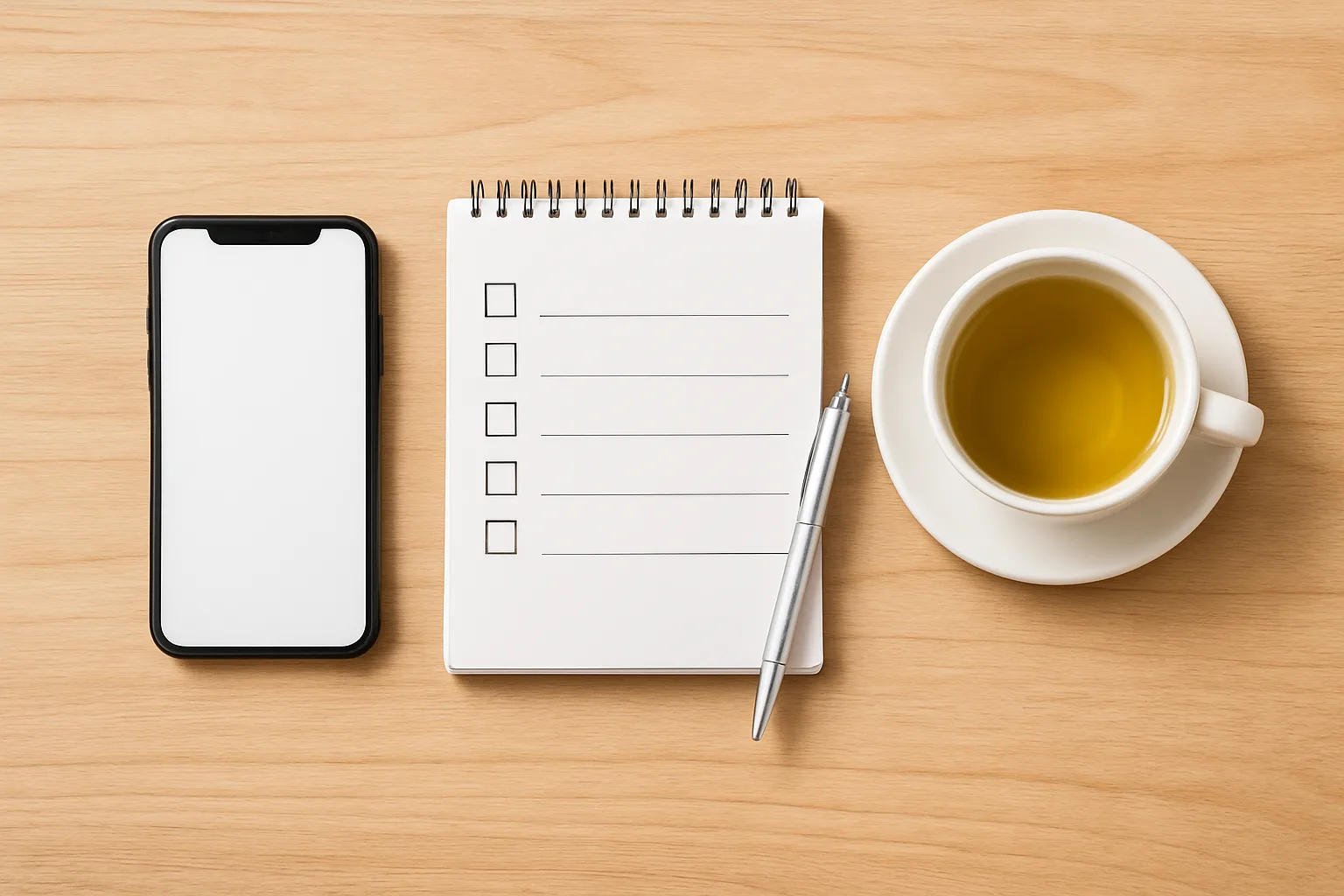 Smartphone next to a notepad with a checklist and green tea on a light wood desk