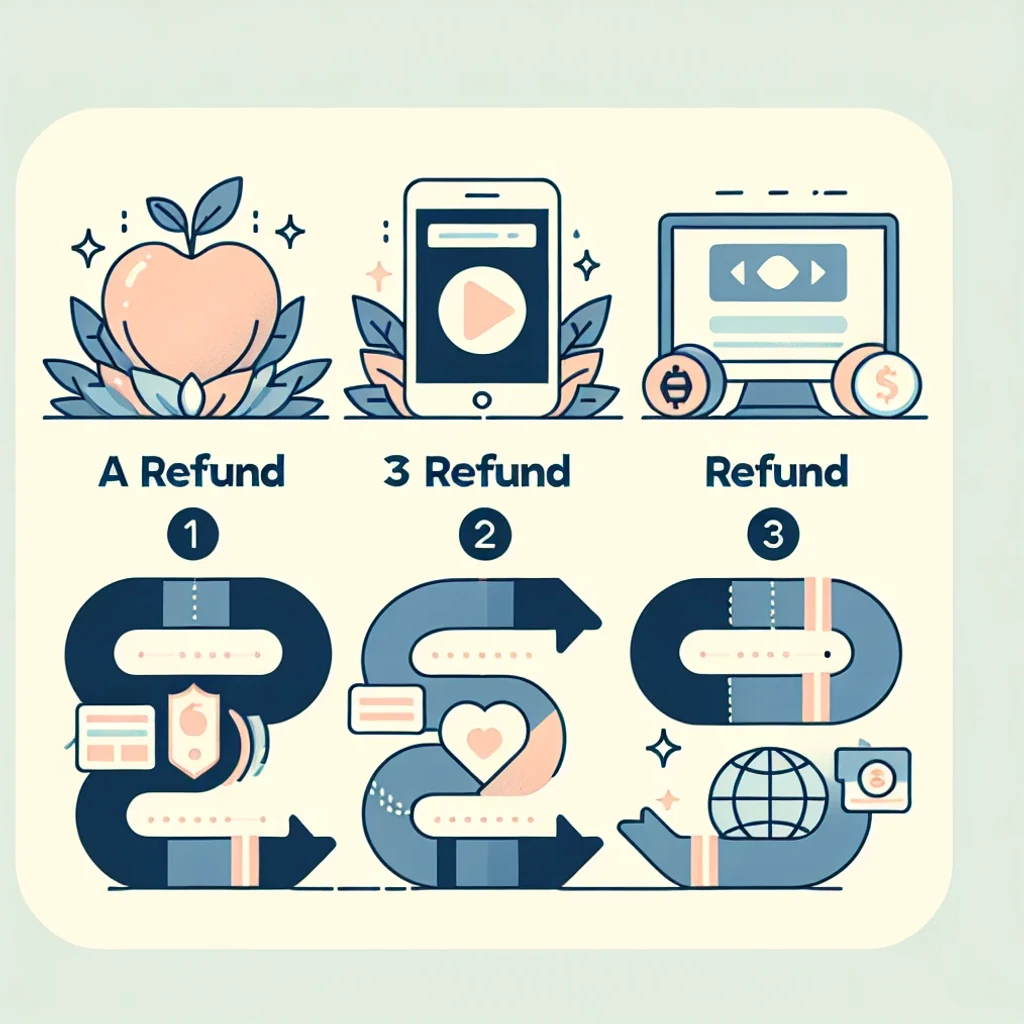 Guide visuel pas à pas montrant les trois parcours de remboursement Apple, Google et achat sur site web