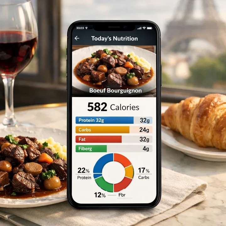 9 applications de suivi nutritionnel comparées pour la cuisine française, montrant un smartphone avec un plat de bœuf bourguignon et overlay nutritionnel
