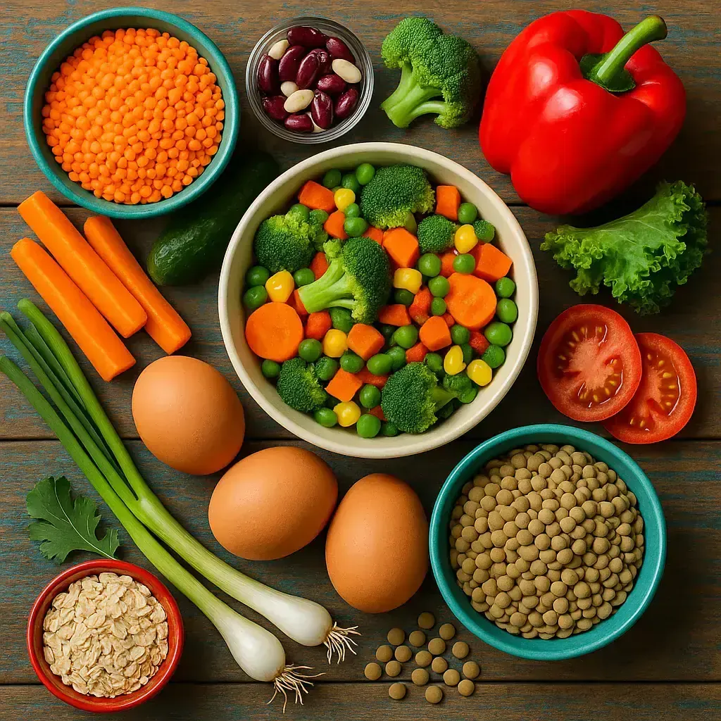 A variety of affordable healthy foods like lentils, oats, eggs, and colorful vegetables arranged on a table, illustrating healthy eating on a budget.