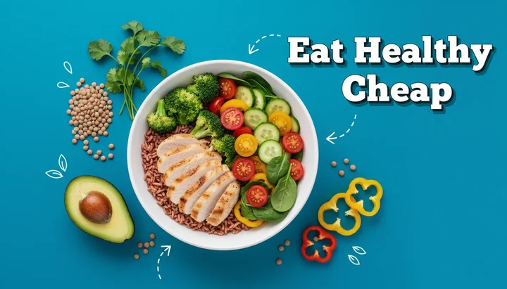 A variety of affordable healthy foods like lentils, oats, eggs, and colorful vegetables arranged on a table, illustrating healthy eating on a budget.